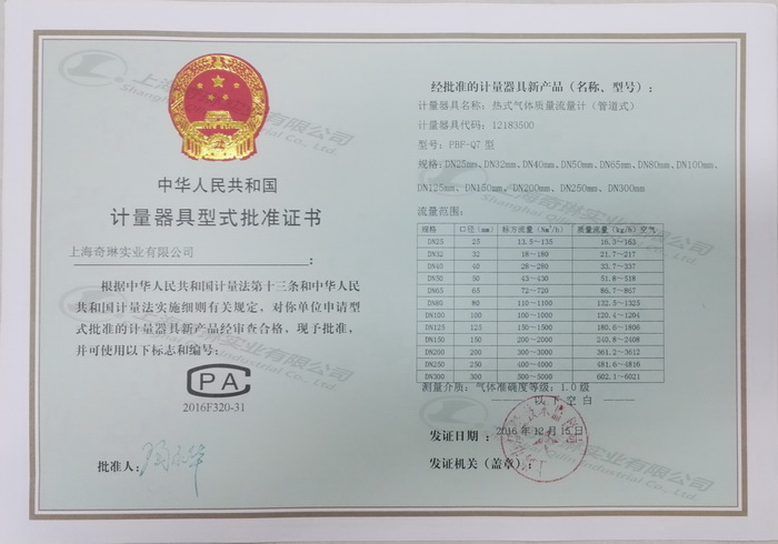 計(jì)量器具型式批準(zhǔn)證書